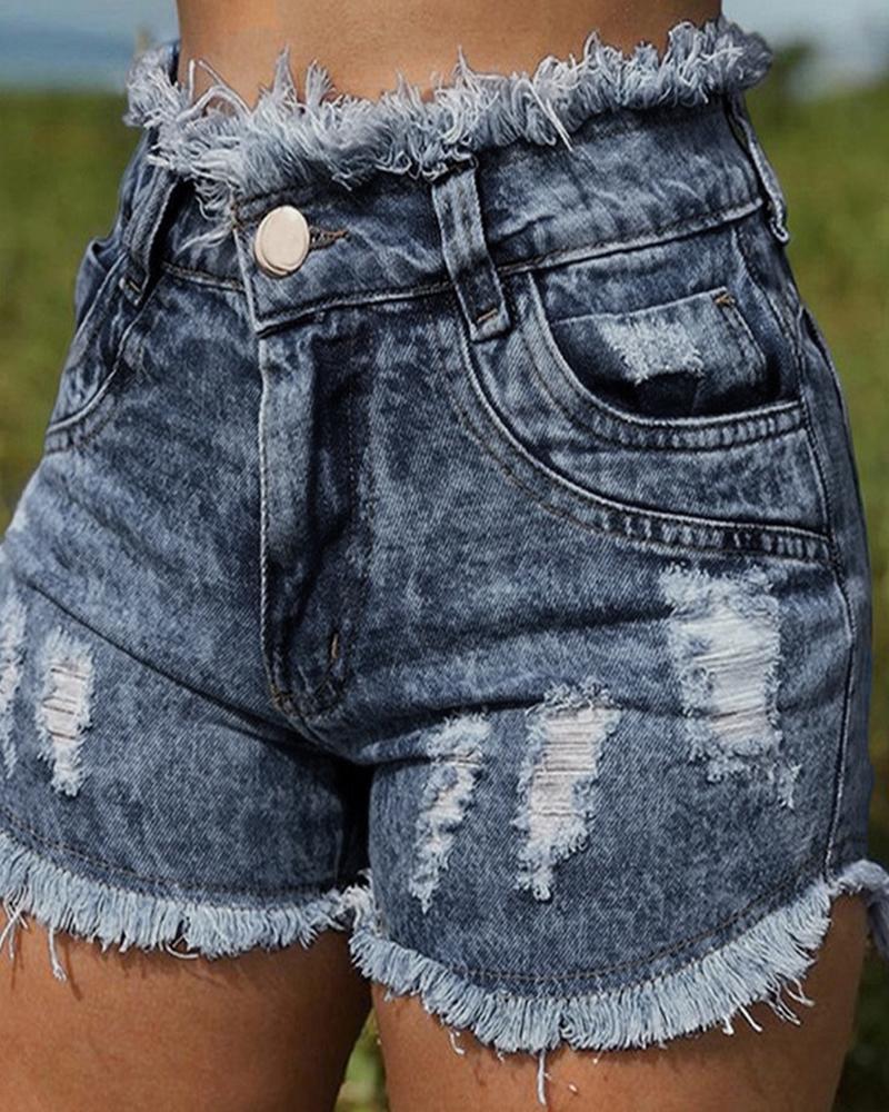 

Ripped Fringe Hem Denim Shorts, Dark blue
