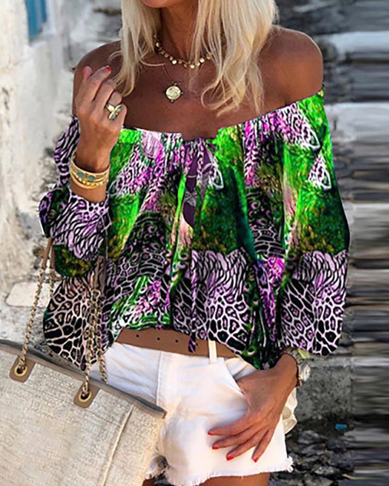 

Off Shoulder Peacock Print Tied Front Casual Blouse, Purple