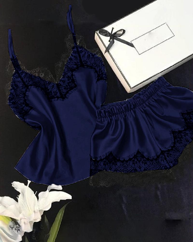 

Spaghetti Strap Lace Trim Satin Cami Set, Dark blue