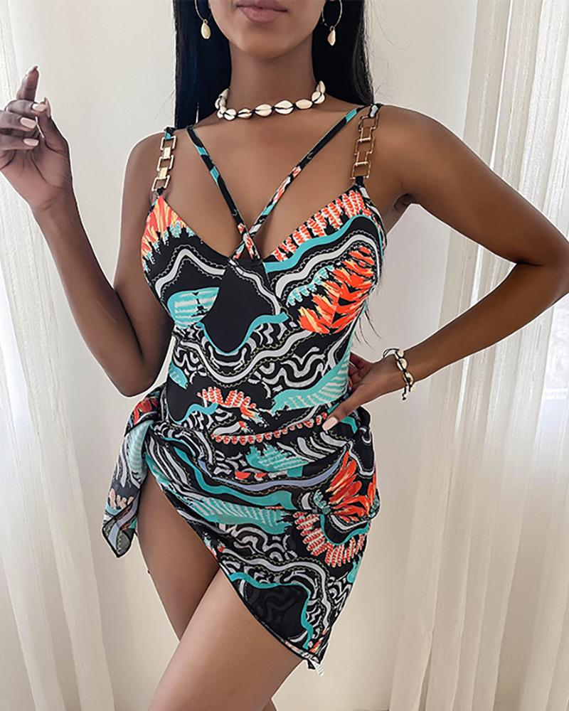 

Chain Decor Tropical Print One Piece Swimwear, Black