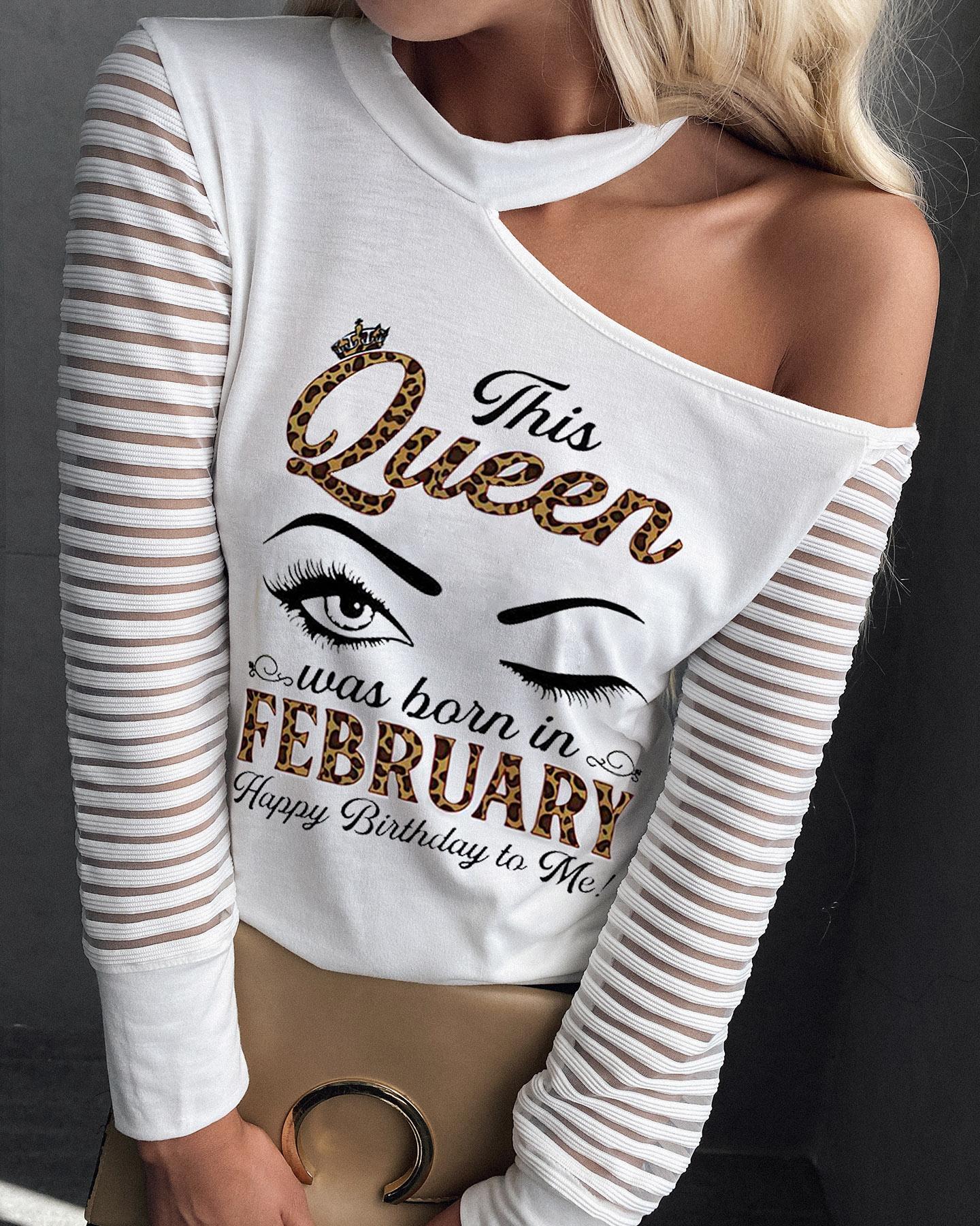 

Letter Eyes Print One Shoulder Sheer Mesh Top, White