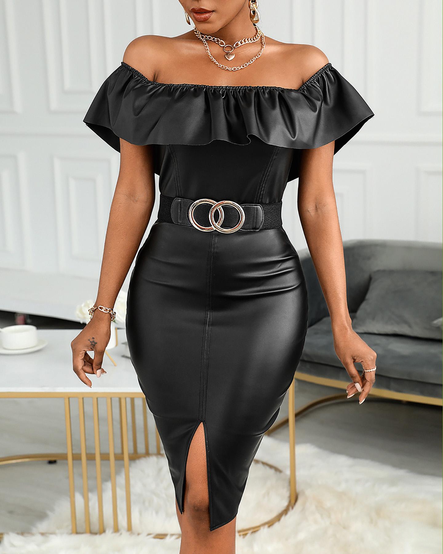 

PU Leather Off Shoulder Ruffles Hem Slit Bodycon Dress, Black