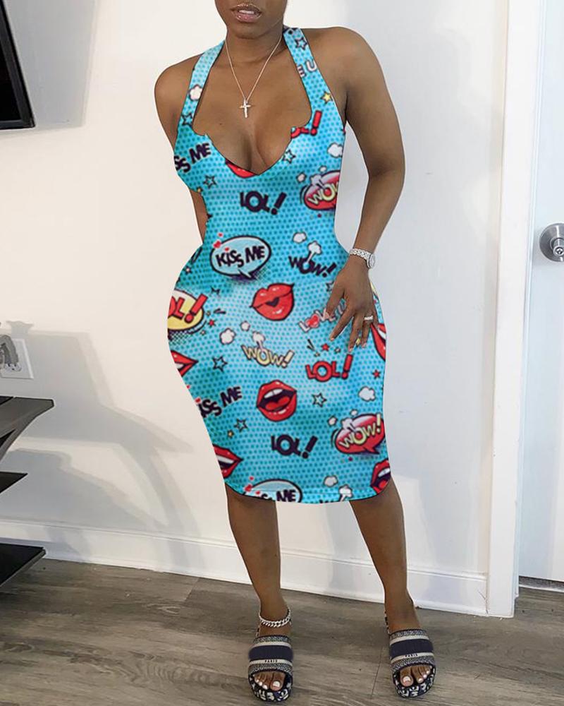 

Lip Letter Print Plunge Midi Dress, Blue