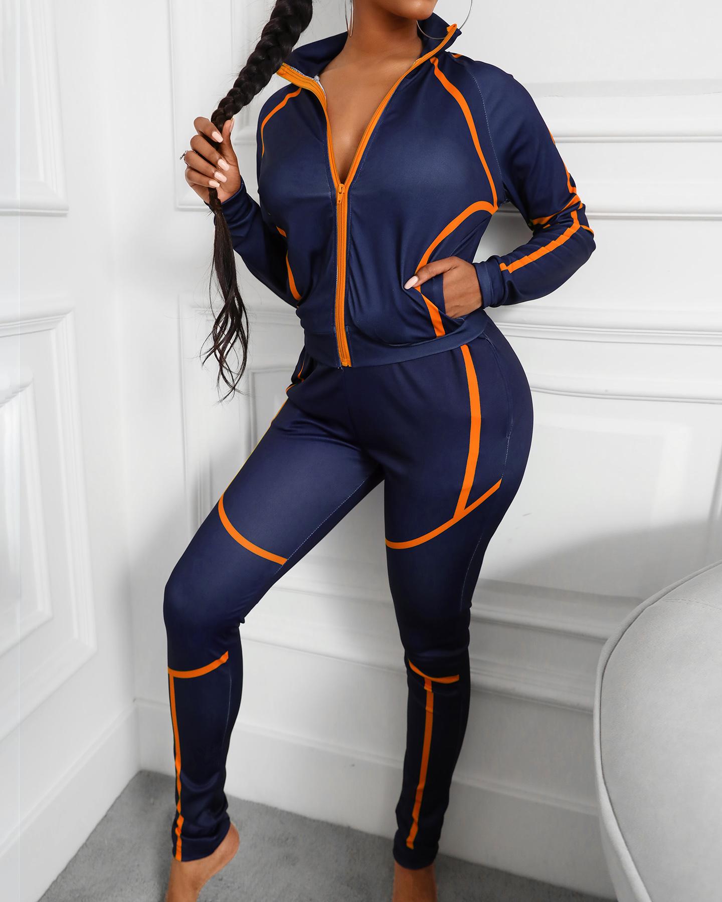 

Colorblock Zip Top & Drawstring Pants Set, Dark blue