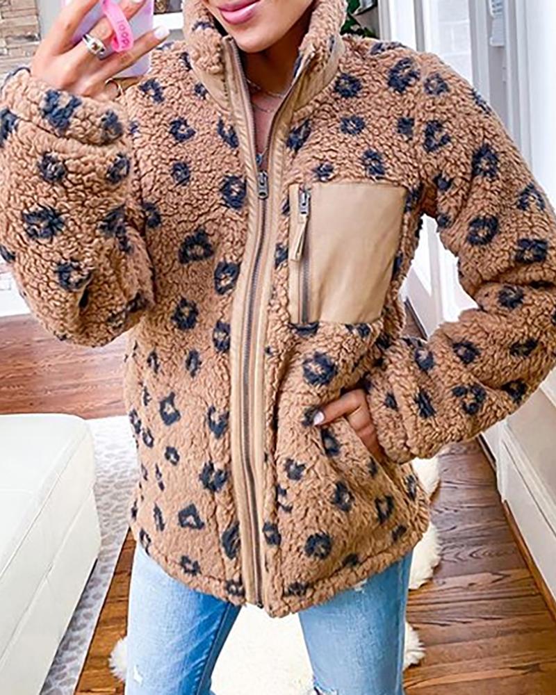 

Fluffy Cheetah Print Zipper Design Coat, Khaki