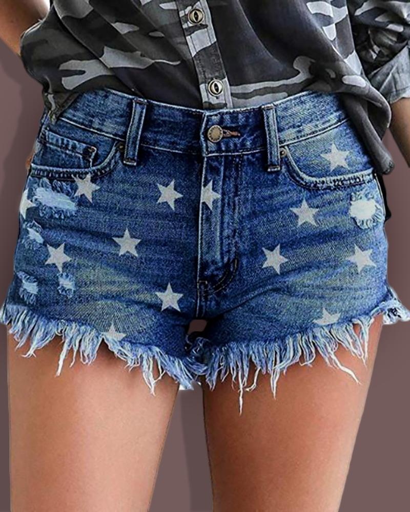 

Stars Print Fringe Hem Casual Denim Shorts, Dark blue