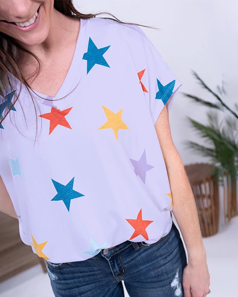 

V-neck Stars Print Short Sleeve T-shirt, Purple