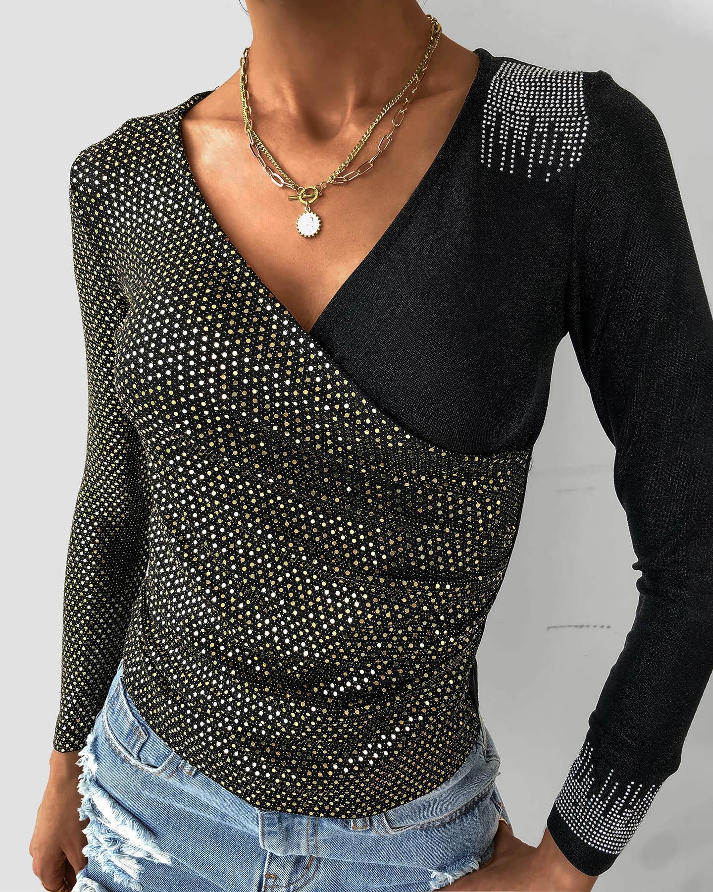 

Studded Long Sleeve Surplice Women Top, Gold