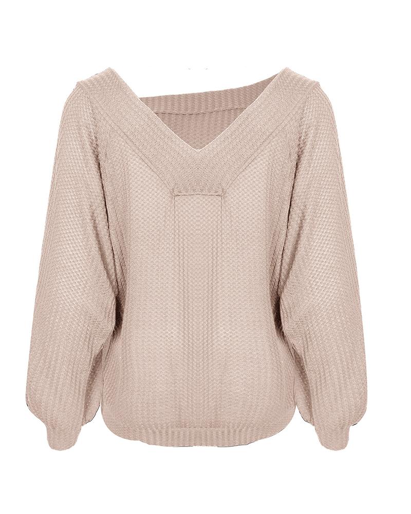 

Solid Long Sleeve Loose Backless Sweaters, Apricot