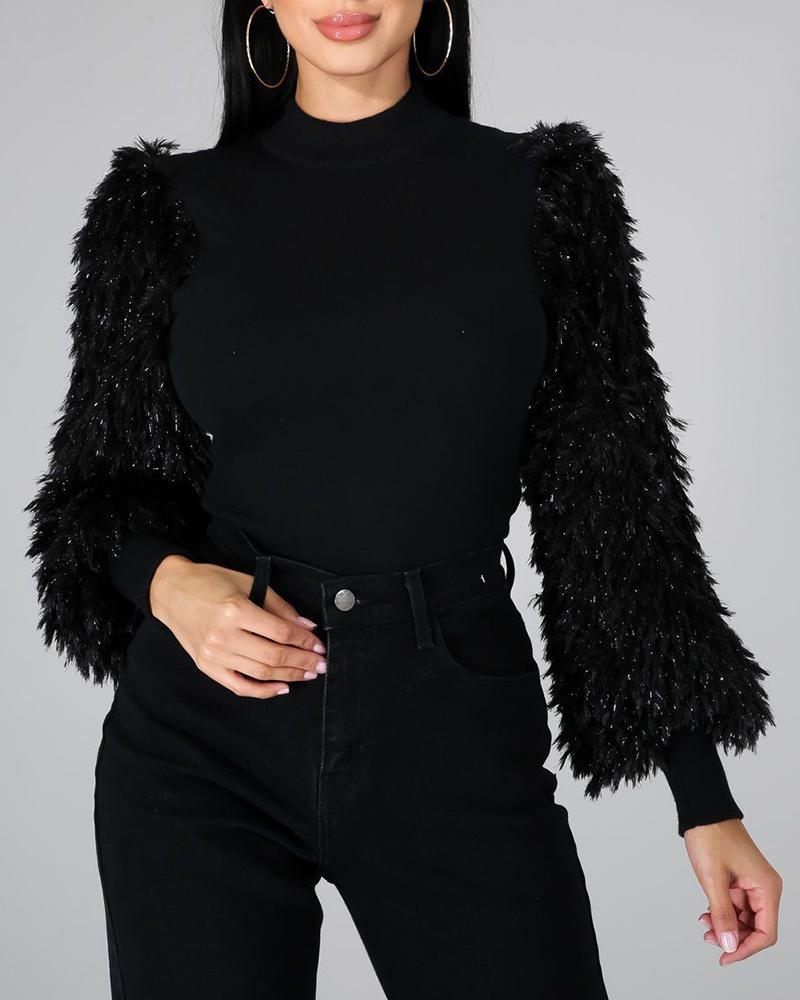 

Feather Detail Lantern Sleeve Top, Black