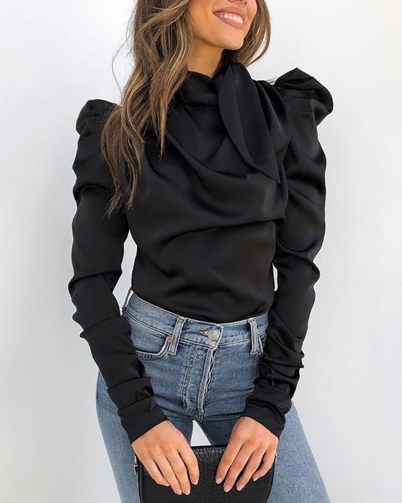 

Solid Puff Sleeve Tied Neck Blouse, Black