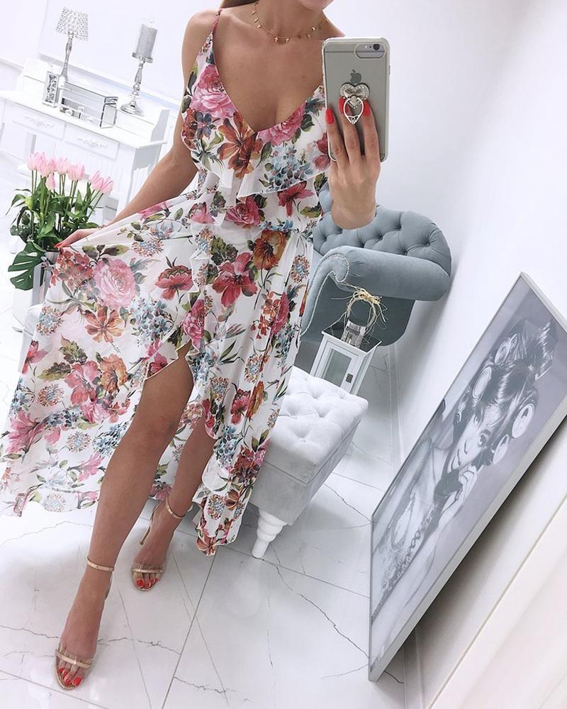 

Floral Print Strap Slit Long Ruffles Hem Chiffon Dress, Style1