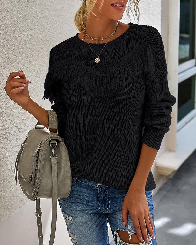 

Tassel Design Long Sleeve Casual Sweater, Black