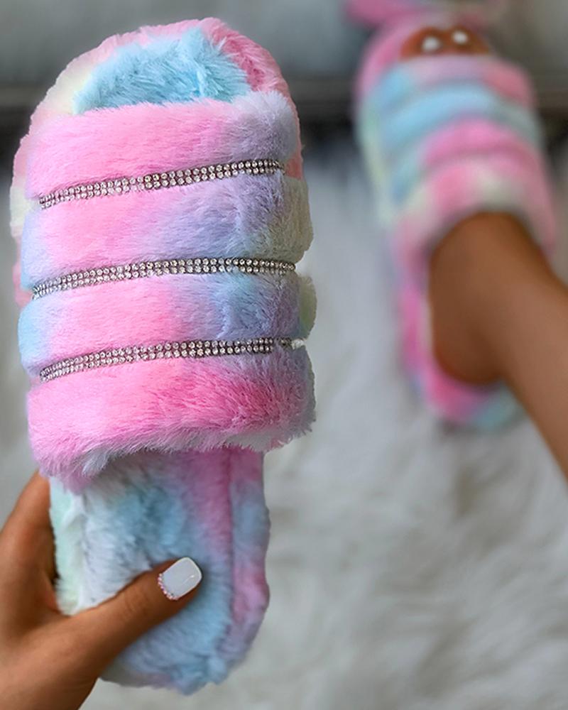 

Studded Plain / Tie Dye Print Fluffy Slippers, Multicolor