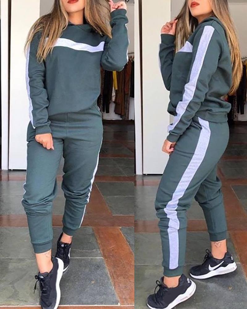 

Striped Tape Hooded Top & Pocket Design Pants Set, Gray