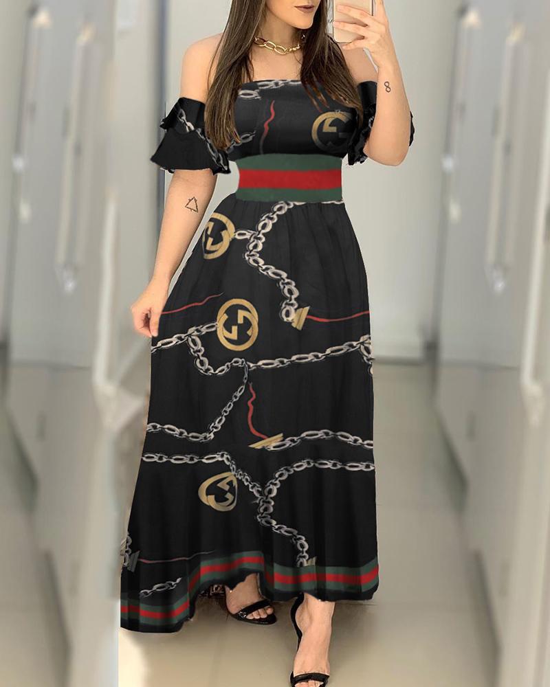 

Off Shoulder Chain Print Ruffles Sleeve Maxi Dress, Black