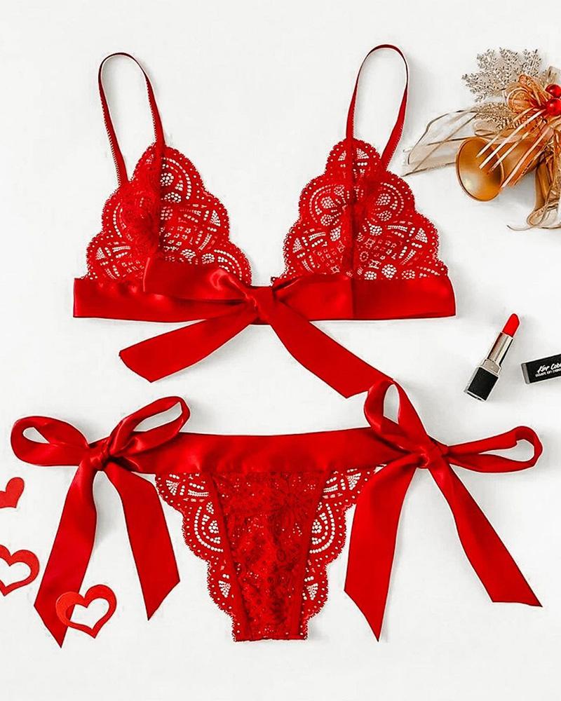 

Scallop Trim Bowknot Decor Lace Bra Set, Red