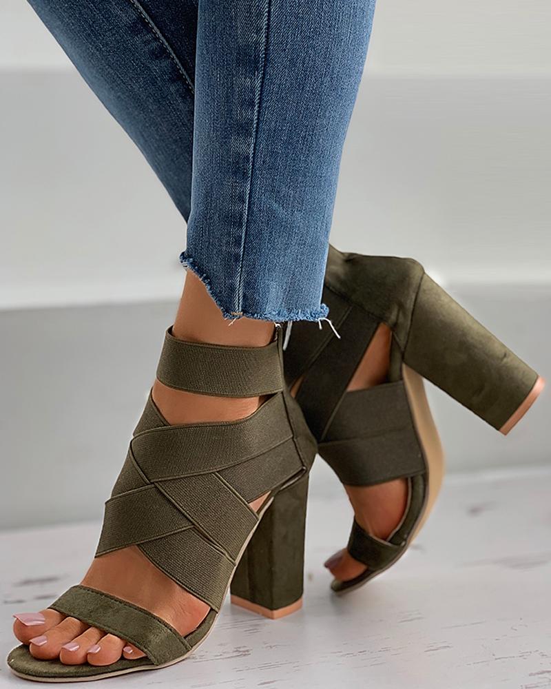 

Strappy Open Toe Chunky Heels, Army green