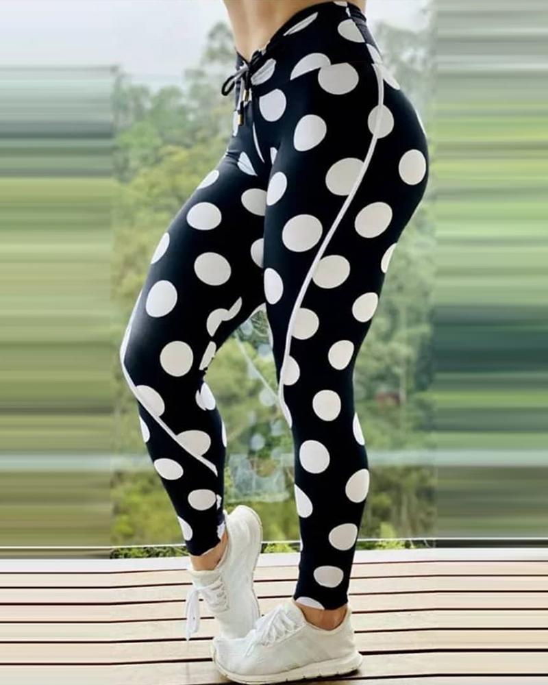 

Polkadot Print High Waist Drawstring Scrunch Butt Leggings Tummy Control Yoga Pants, Black