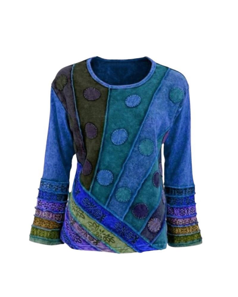 

Abstract Print Bell Sleeve Women Blouse, Blue