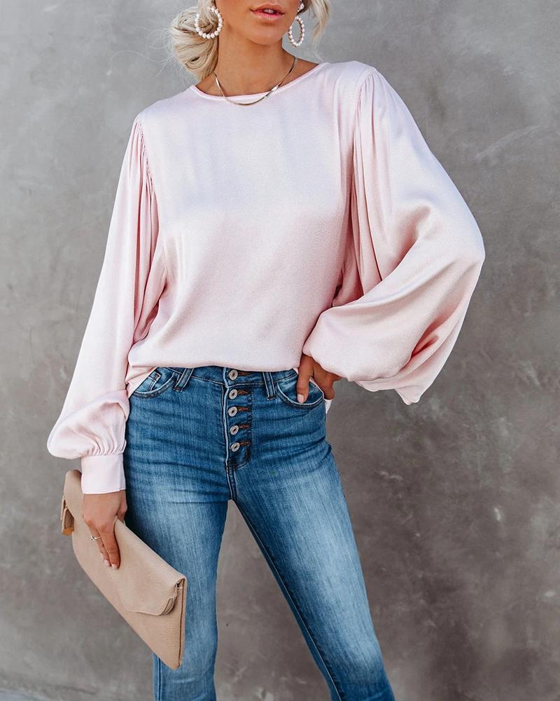 

Solid Bubble Sleeve Loose Women Blouse, Pink