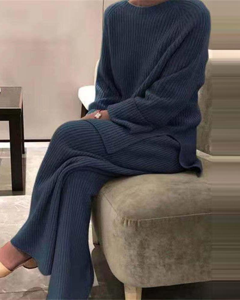 

Plain Ribbed Long Sleeve Top & Pants Set, Blue
