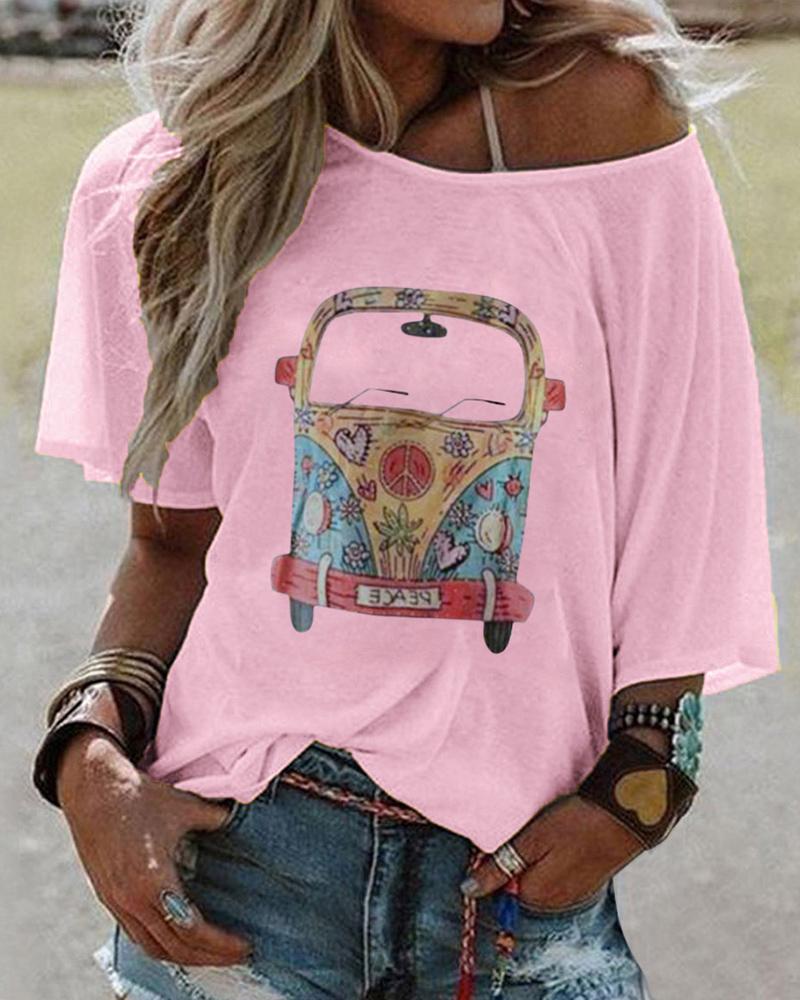 

Car Print Half Sleeve Casual T-shirt, Pink
