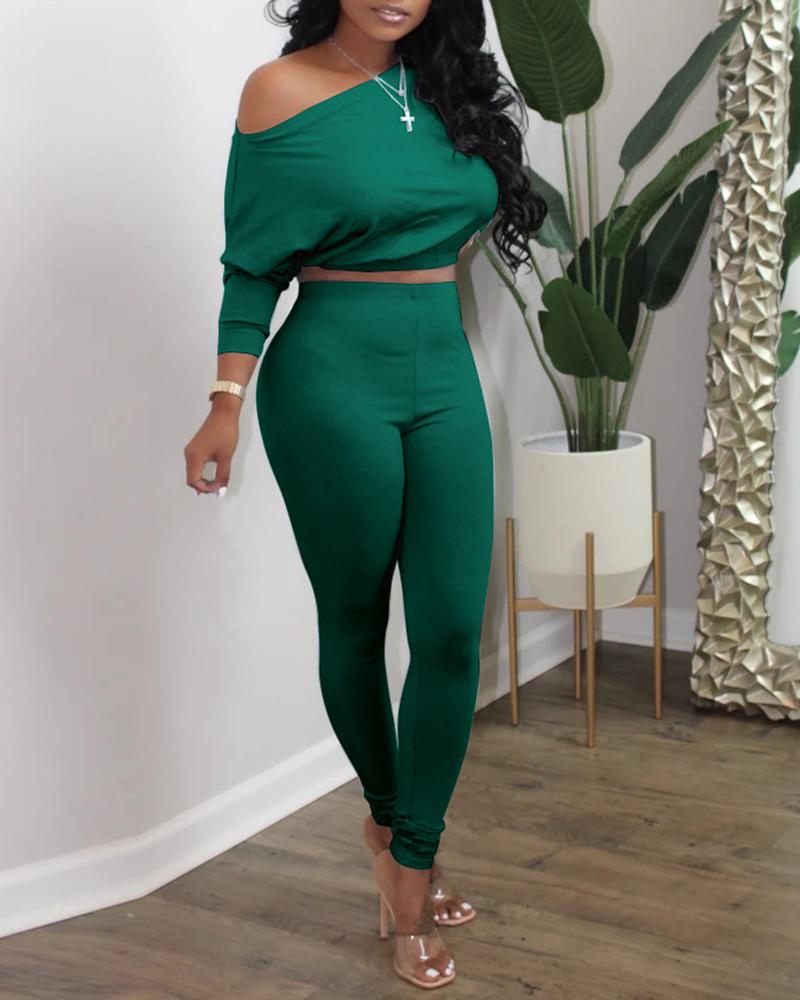 

One Shoulder Crop Top & High Waist Pants Set, Green