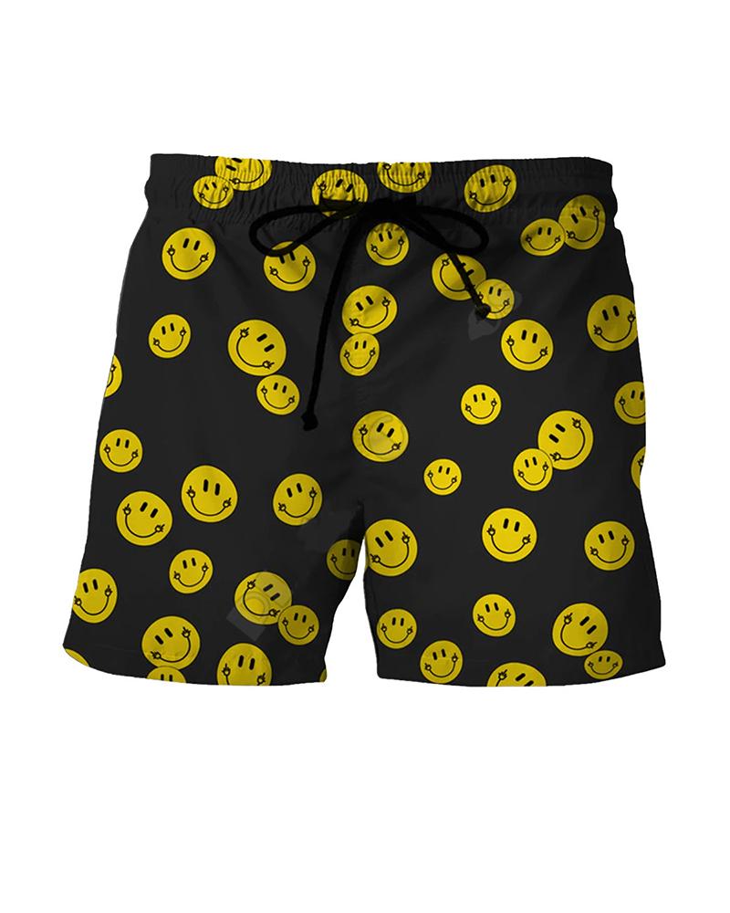 

Smile Face Cartoon Print Loose Shorts, Black