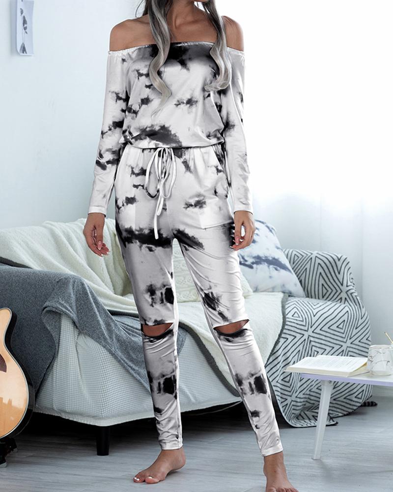 

Tie Dye Long Sleeve Loose Off Shoulder Jumpsuit, Black