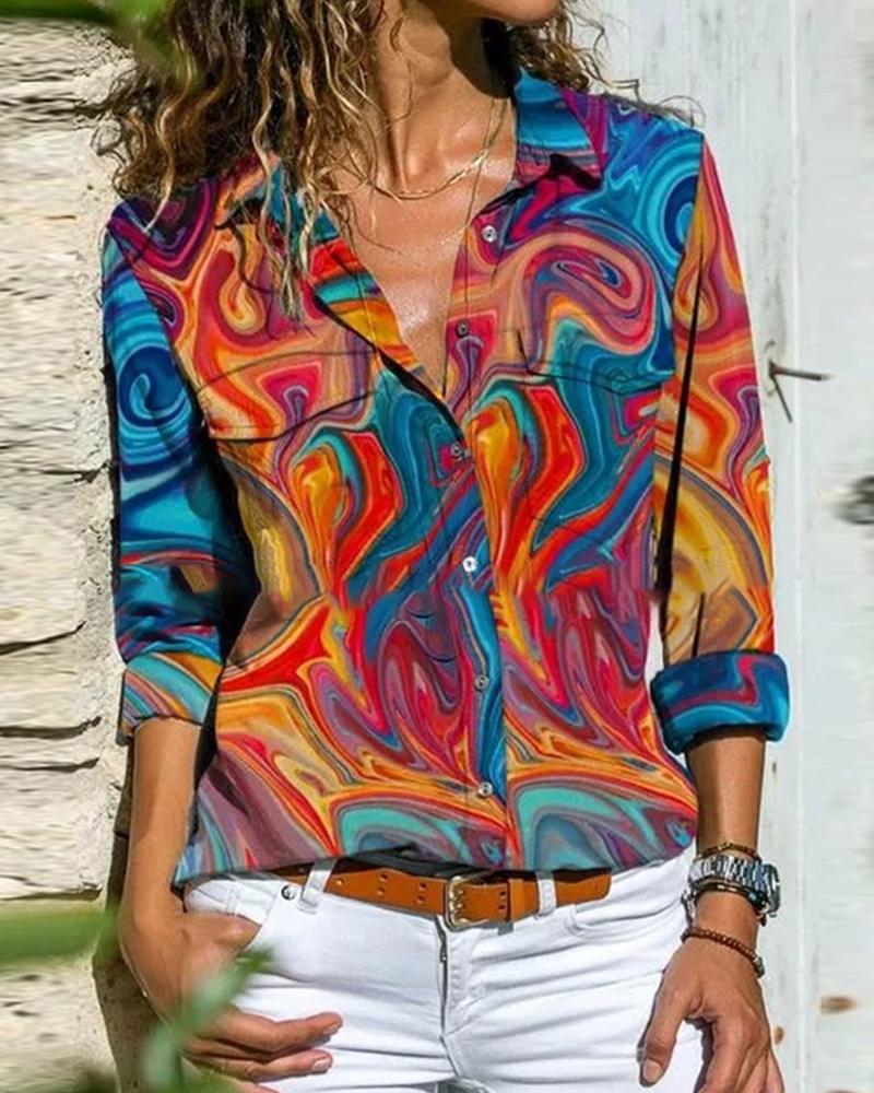 

Multicolor Patterns Print Long Sleeve Button-up Blouse, Red