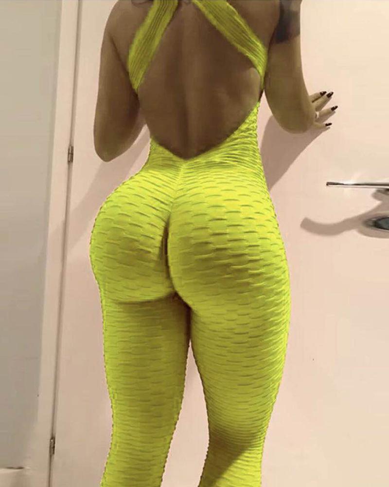 

Solid Open Back Ruched Jumpsuit, Yellow