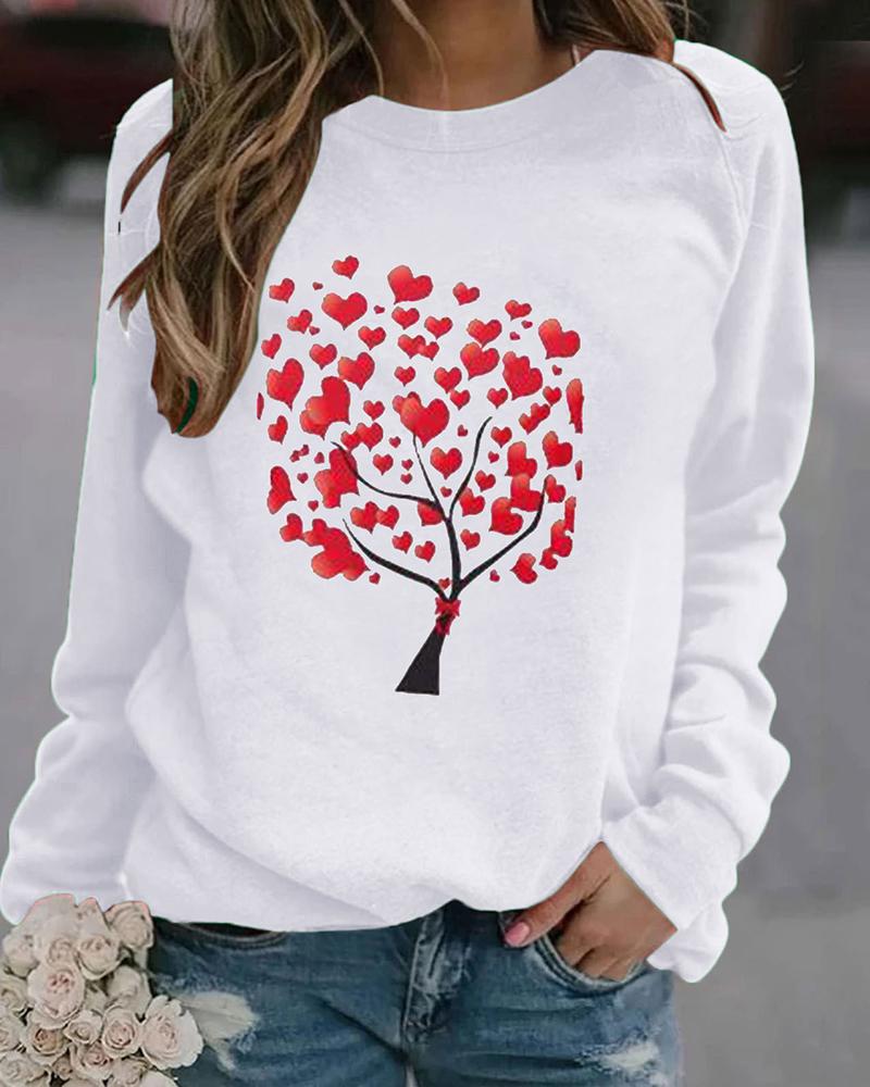 

Round Neck Valentine's Heart Print Sweatshirt, White