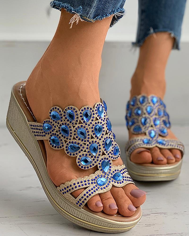 

Cutout Rhinestone Peep Toe Wedge Sandals, Blue