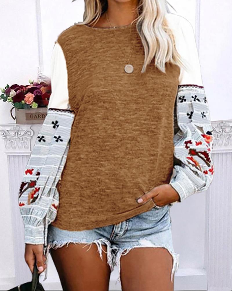 

Lantern Sleeve Birds Print Colorblock Casual Sweatshirt, Khaki