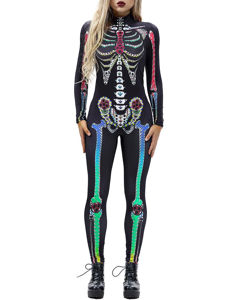 

Skull Skeleton Print Zip Back Halloween Costume Jumpsuit, Style4