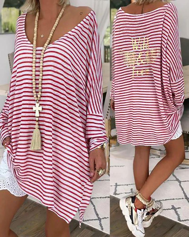 

Striped Letter Print Long Sleeve Casual Top, Red