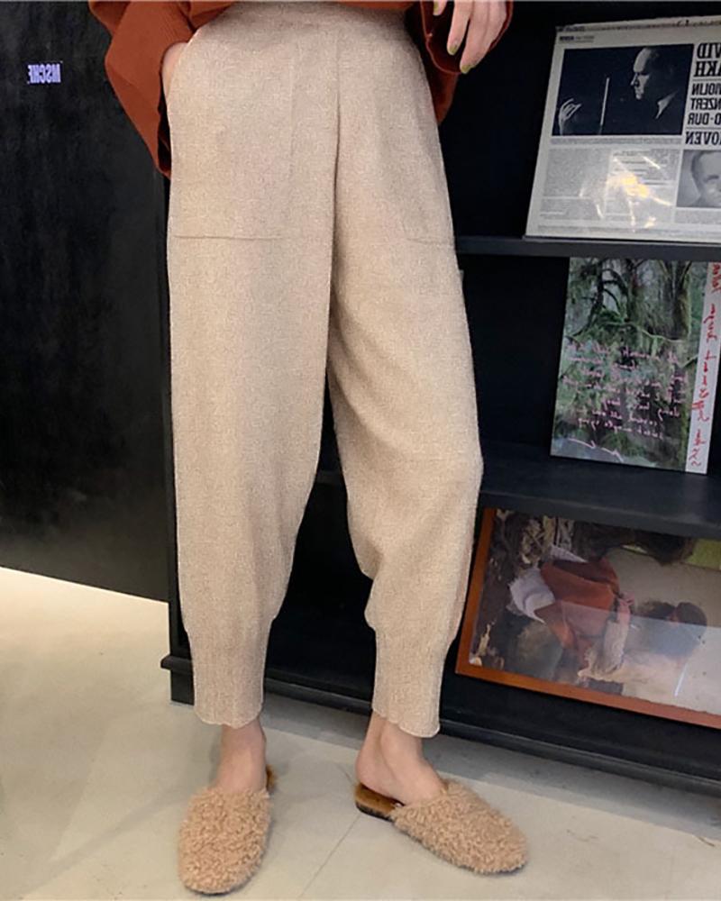 

Plain Pocket Design High Waist Knit Pants, Apricot