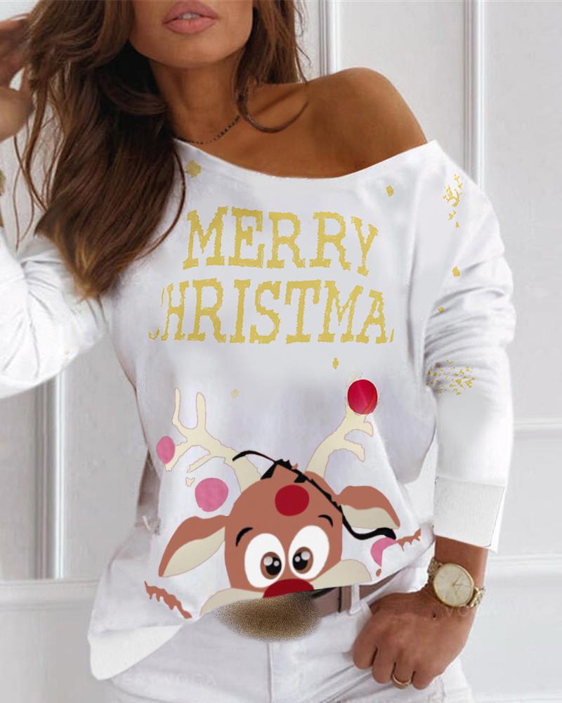 

Christmas Letter Moose Print Long Sleeve T-shirt, White