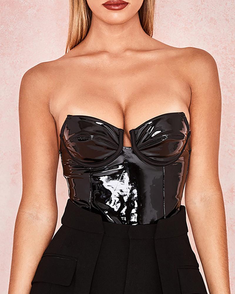 

PU Leather Bandeau Bodysuit, Black