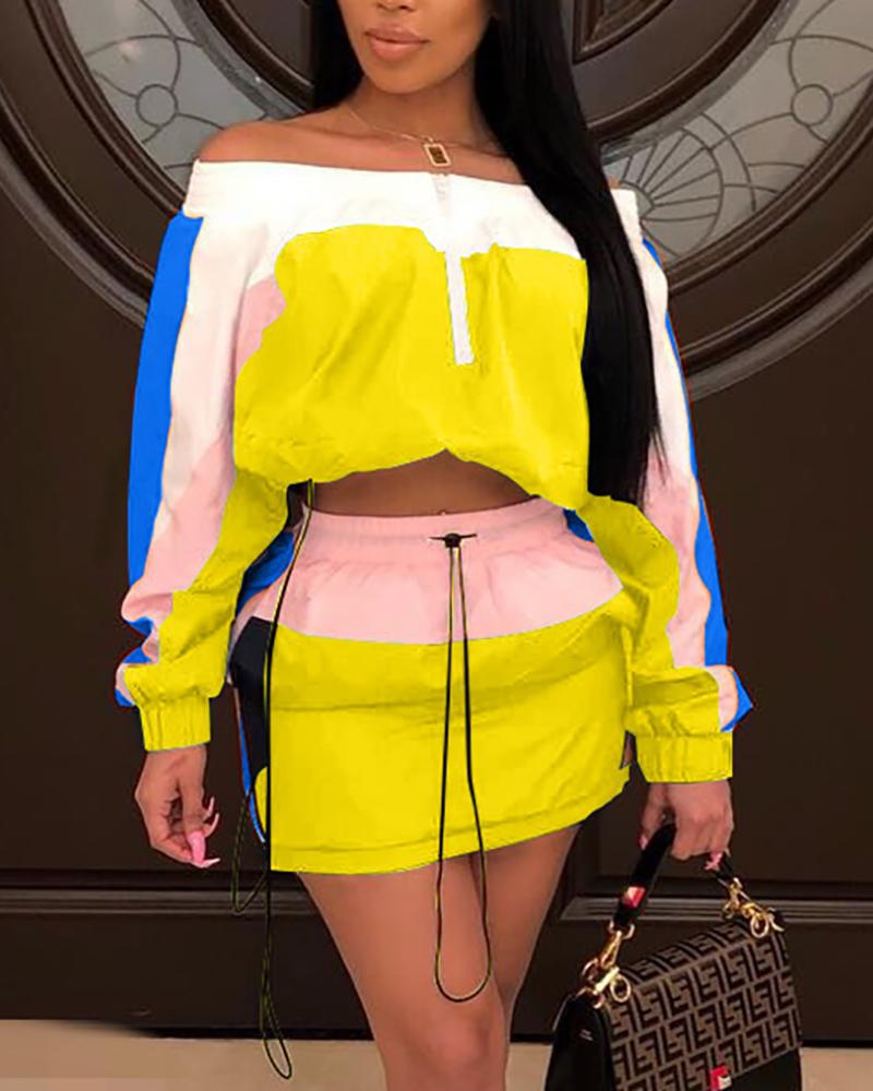 

Contrast Color Off Shoulder Top With Skirt Sets, Yellow