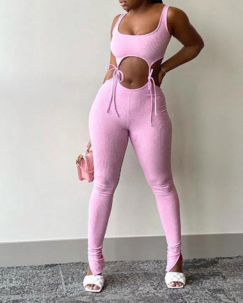 

Tie Detail Cutout Sleeveless Backless Jumpsuit, Pink