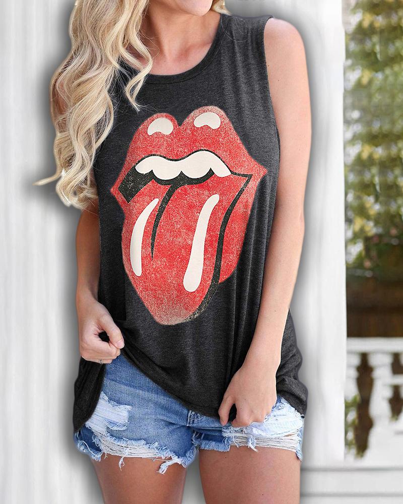 

Lip Print Casual Tank Top, Dark grey