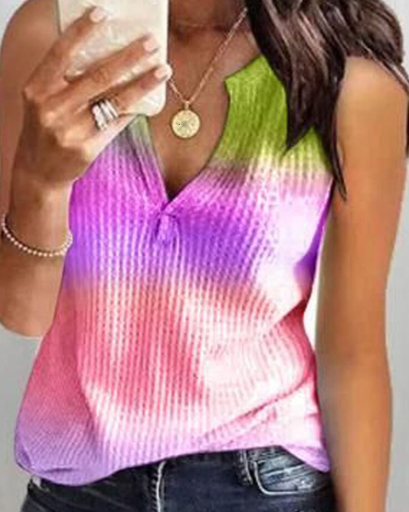

Tie Dye Print V Neck Sleeveless Ribbed Top, Green