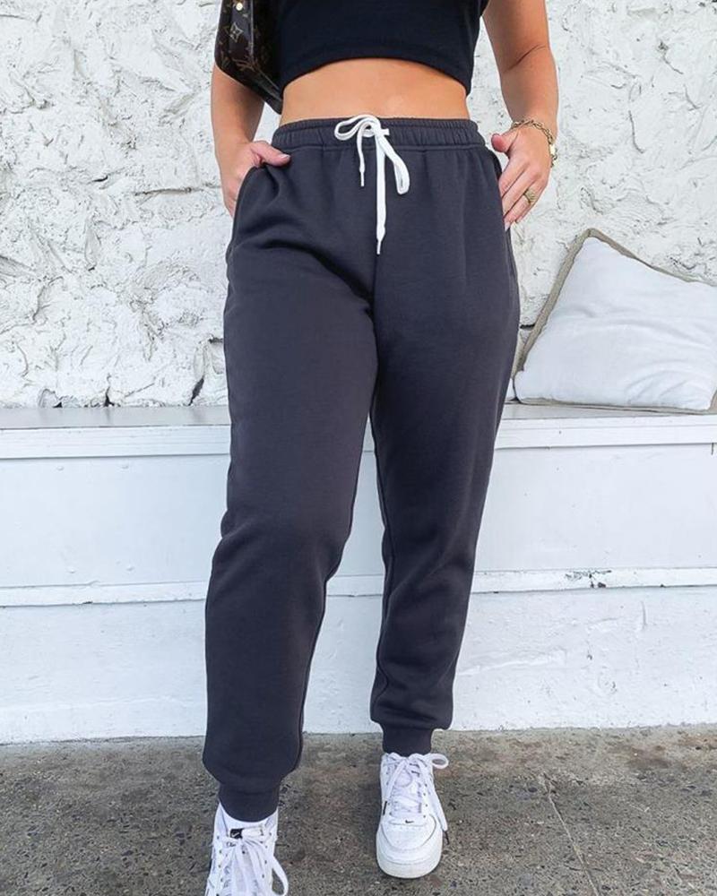 

Solid Drawstring Loose Sporty Jogger Fleece Pants, Purplish blue