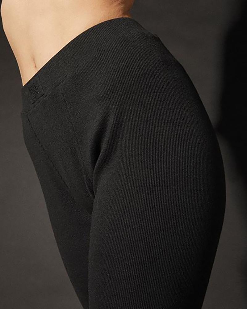 

Plain High Waist Ribbed Slit Pants, Black