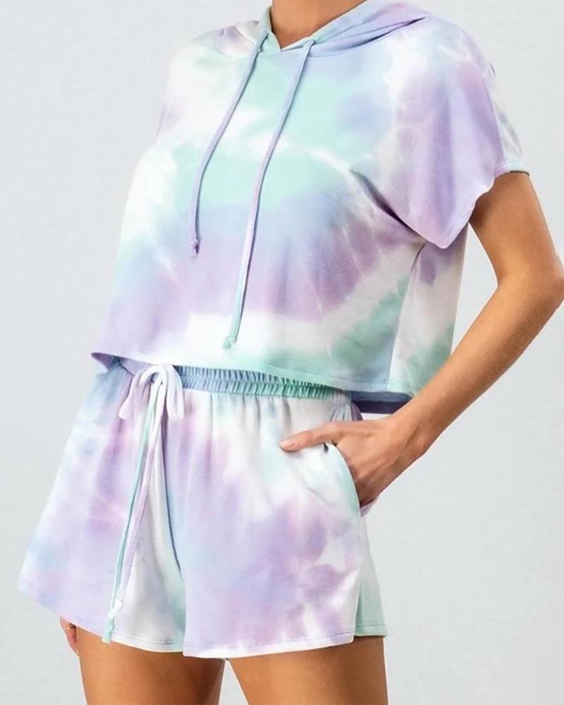 

Tie Dye Print Hooded Top & Drawstring Shorts Set, Blue