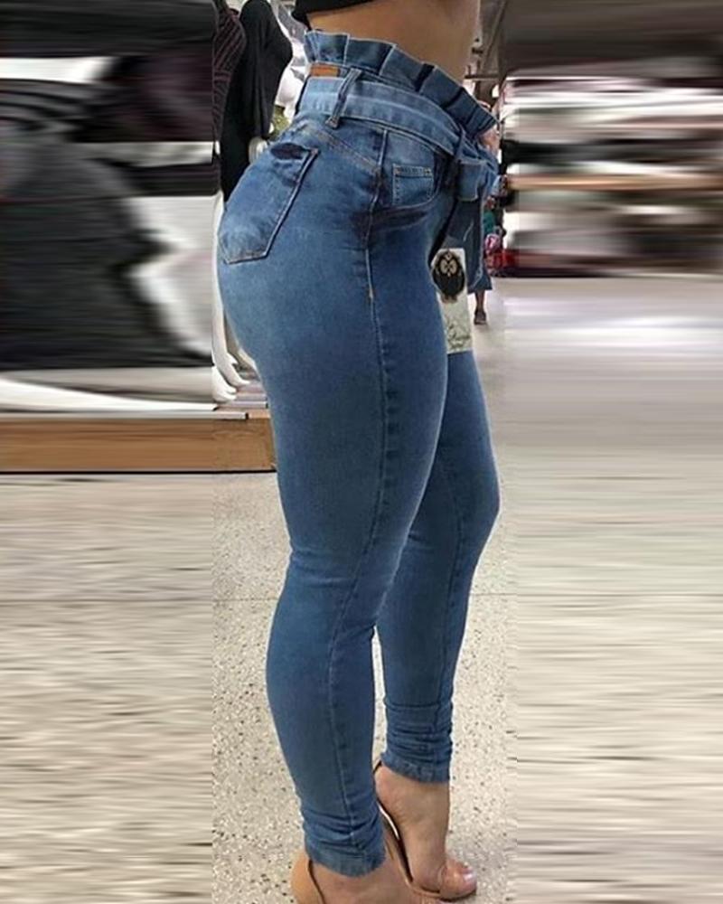 

Solid Skinny Ruffles Denim High Elastic Pants, Blue