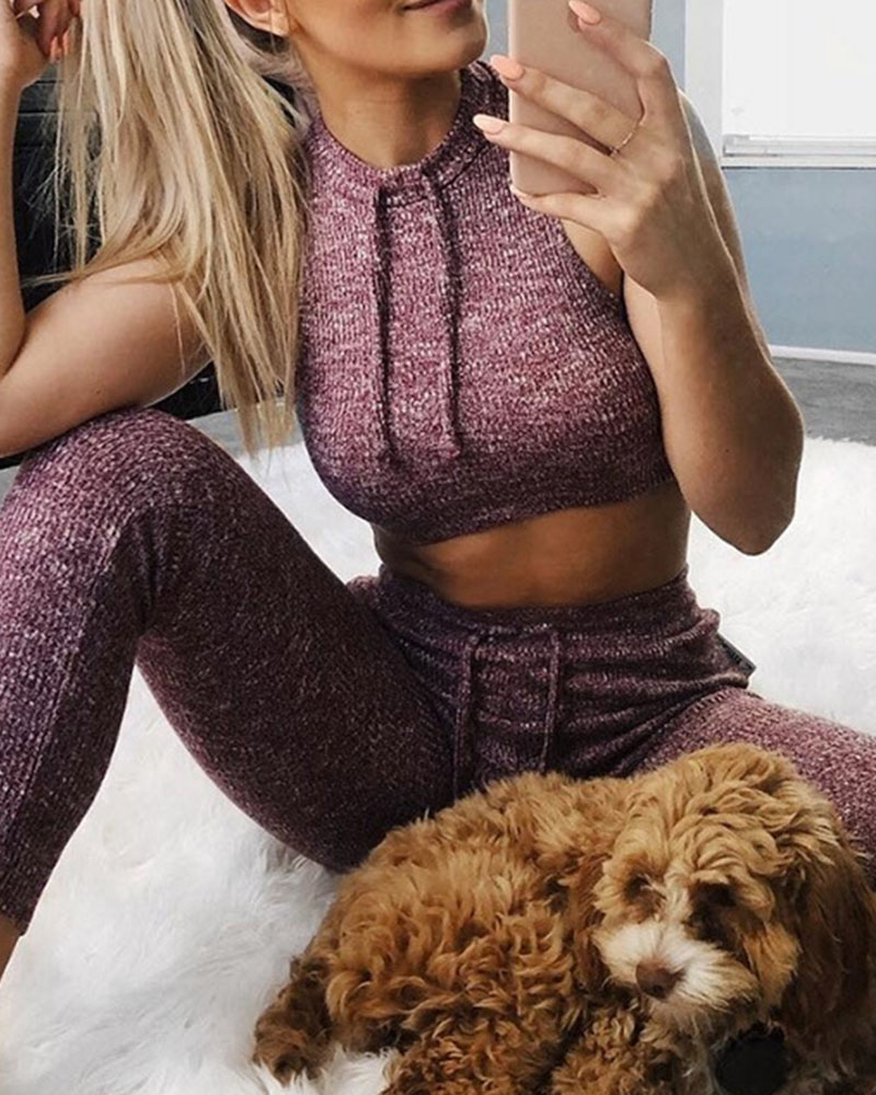 

Solid Color Ribbed Drawstring Sleeveless Crop Top And Pencil Pants Suit Sets, Wine red