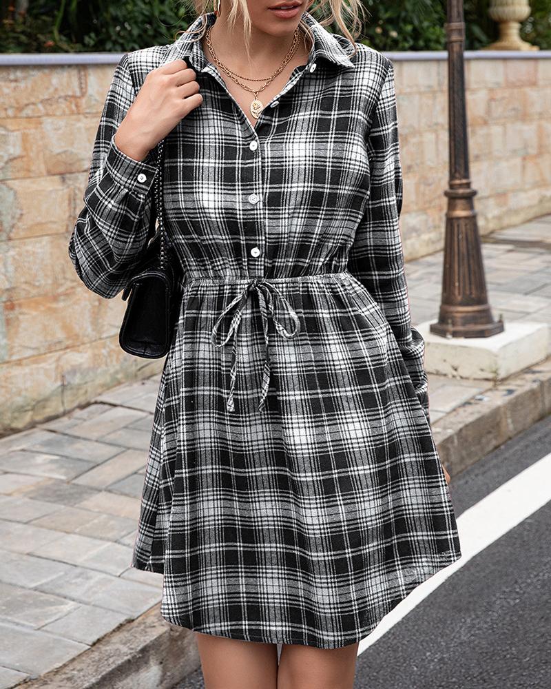 

Plaid Print Long Sleeve Button Design Women Dress, White